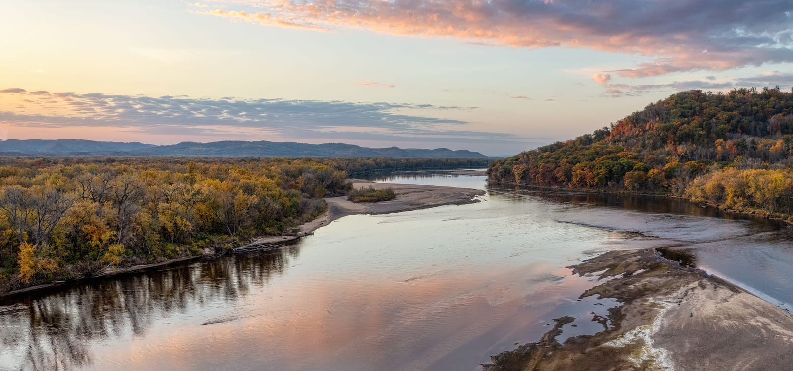 Aerial view of the Mississippi River winding through the bluffs of western Wisconsin near La Crosse